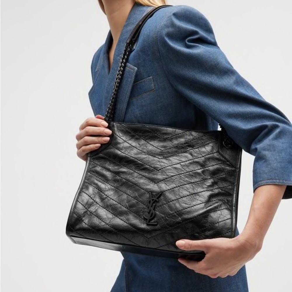 Saint Laurent Niki Medium Crinkled Calf Shopper Tote Bag